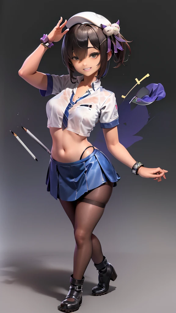 (8K、Best image quality、Highest quality、masterpiece)、Detailed face、((One ))、Black Hair、Bobcut、Blunt bangs、Bright Blue Eyes、Wicked Smile、((Grin))、((Small breasts))、Police hat、((Female police officer))、((Pencil Mini Skirt))、Black Pantyhose、Cowboy Shot、salute、Urban Background