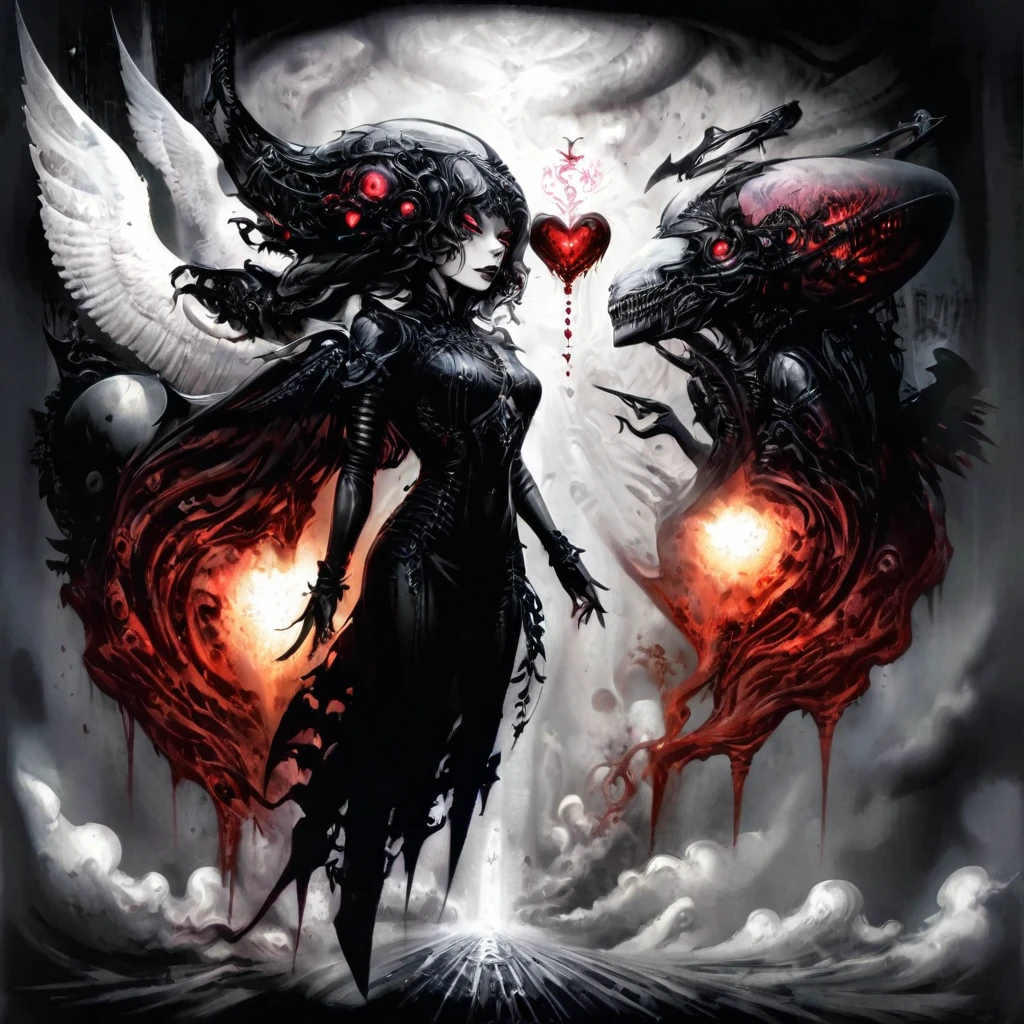 a woman with wings and a demon face standing in front of a demon, in style of dark fantasy art, fantasy dark art, evil godess, gothic harts, lilith, gothic fantasy art, dark fantasy art, demoness, inspired by Joe Fenton, dark fantasy style art, villainess has black angel wings, beautiful gemini good and evil, a beautiful artwork illustration