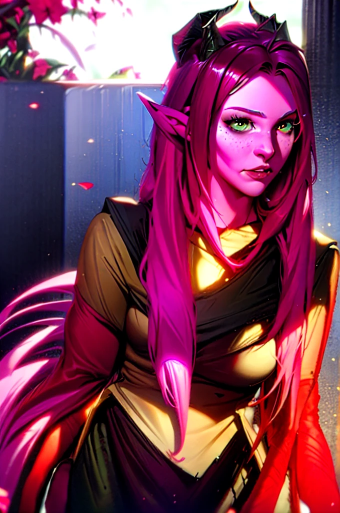 A beautiful adult female tiefling with red skin, horns, a tail, and pointy ears, looking directly at the viewer. She has messy mid-length pink and black dip dyed hair in a side-swept style and thick green eyes with freckles. The lighting is perfect, cinematic, and blooming, creating a masterpiece-quality, photorealistic image.