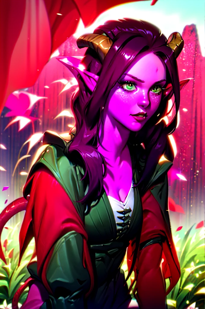 A beautiful adult female tiefling with red skin, horns, a tail, and pointy ears, looking directly at the viewer. She has messy mid-length pink and black dip dyed hair in a side-swept style and thick green eyes with freckles. The lighting is perfect, cinematic, and blooming, creating a masterpiece-quality, photorealistic image.