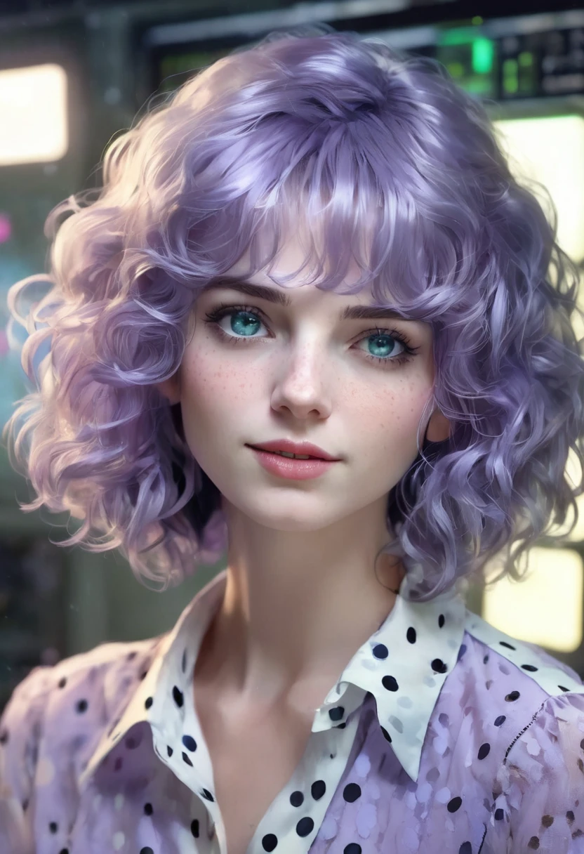 1 woman, in front of a control panel, wearing a lilac blouse with white polka dots, detailed facial features, detailed feminine blue eyes, detailed white skin, messy blue-green long bob curly hair, strong lighting, envious expression on her face, cold cinematic composition, atmospheric fog, beautiful face, thin chin, beautiful woman, feminine and beautiful, 18 years old (best quality, 4K, 8K, high resolution, art: 1.2), ultra-detailed, (realistic, photorealistic, photorealistic: 1.37)