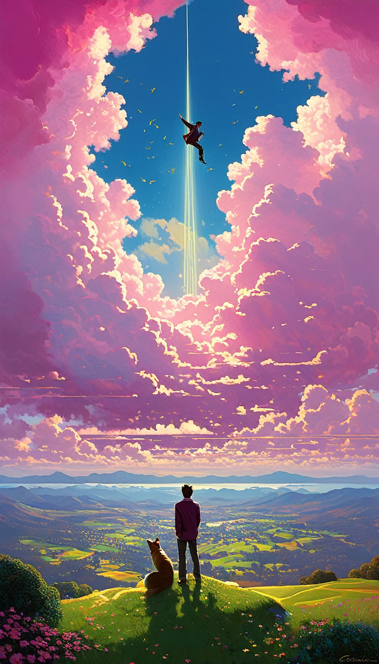 boy falling from the sky, view from afar, clouds with golden edges, pink,, Kilian Eng y Thomas Kinkade, Rob Gonsalves y Tim White., silvain sarriel, Rhads y Thomas Kinkade, inspired by RHADS, cyril rolando and m.I'm confused, cyril rolando and m. I'm confused, Rhads!!!