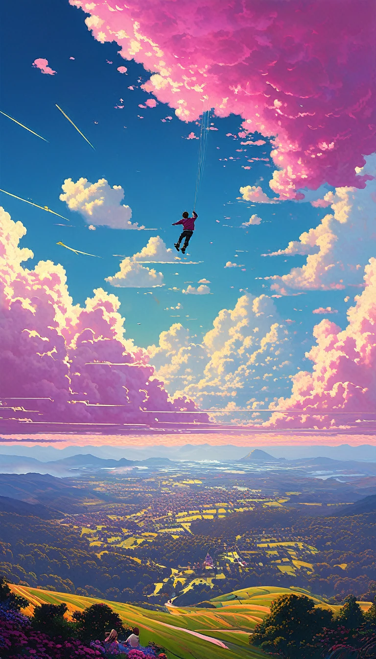 boy falling from the sky, view from afar, clouds with golden edges, pink,, Kilian Eng y Thomas Kinkade, Rob Gonsalves y Tim White., silvain sarriel, Rhads y Thomas Kinkade, inspired by RHADS, cyril rolando and m.I&#39;m confused, cyril rolando and m. I&#39;m confused, Rhads!!!