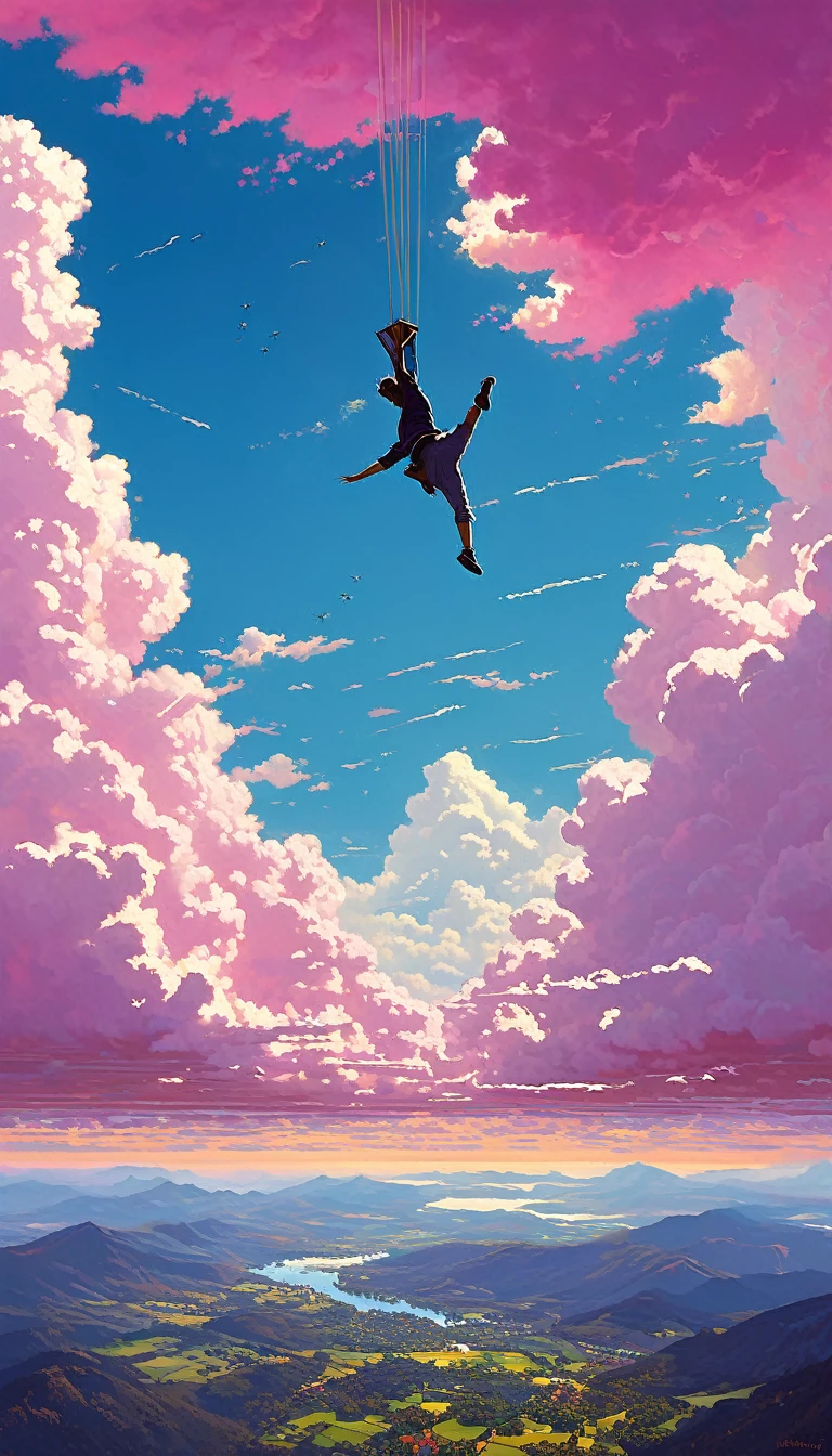 boy falling from the sky, view from afar, clouds with golden edges, pink,, Kilian Eng y Thomas Kinkade, Rob Gonsalves y Tim White., silvain sarriel, Rhads y Thomas Kinkade, inspired by RHADS, cyril rolando and m.I&#39;m confused, cyril rolando and m. I&#39;m confused, Rhads!!!