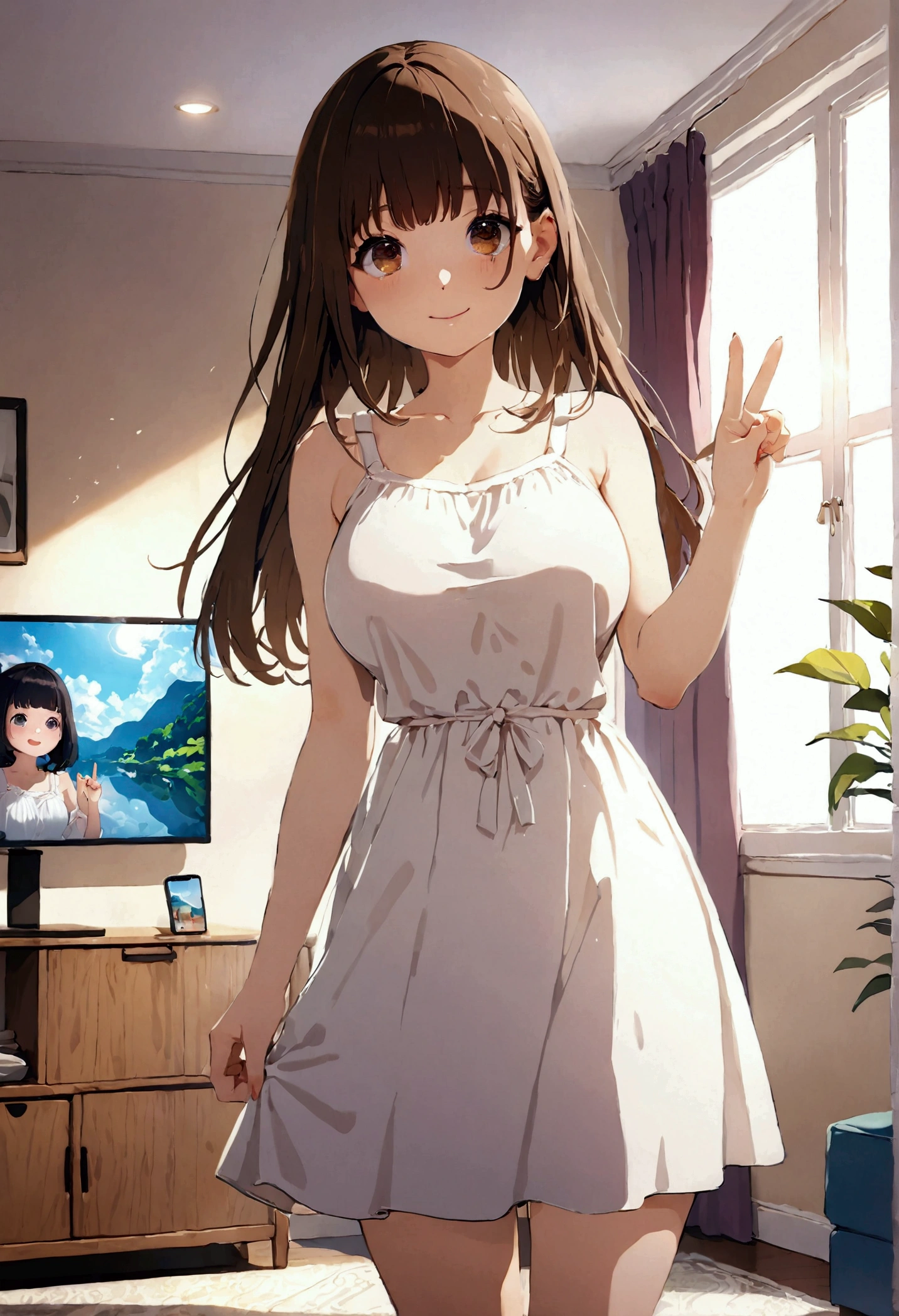 ((1girl)),  super fine illustration, vibrant colors, absurdres extremely detailed CG, 8k wallpaper, (masterpiece:1.3), dynamic angle, dynamic pose, 
best quality, depth of field, cinematic lighting, ultra detailed, brown long hair, very straight hair, large breast, white knit dress , 20yo, cute, very , brown eyes, kawaii, smile, droopy eyes, arms at sides, smartphone, modern living room, peace fingers, The screen of the smartphone in his hand is facing towards me