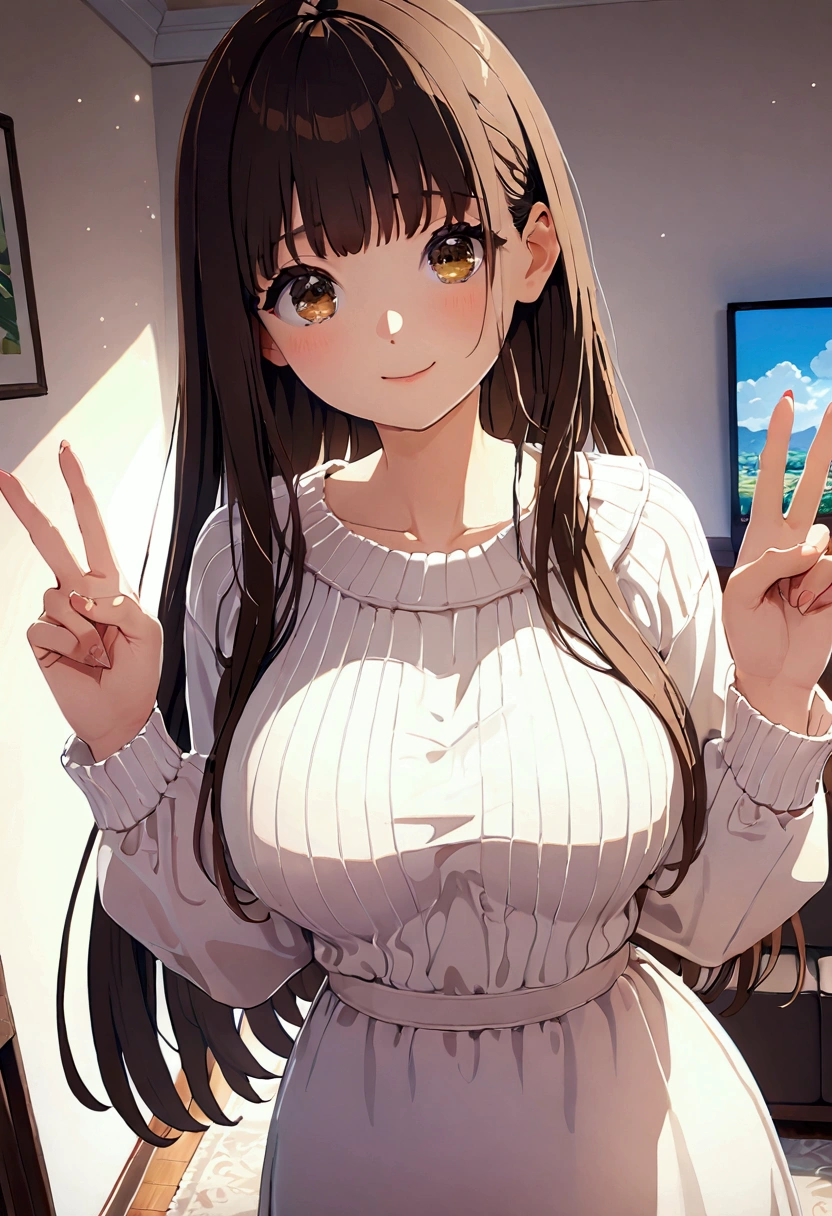 ((1girl)),  super fine illustration, vibrant colors, absurdres extremely detailed CG, 8k wallpaper, (masterpiece:1.3), dynamic angle, dynamic pose, 
best quality, depth of field, cinematic lighting, ultra detailed, brown long hair, very straight hair, large breast, white knit dress , 20yo, cute, very , brown eyes, kawaii, smile, droopy eyes, arms at sides, smartphone, modern living room, peace fingers, The screen of the smartphone in his hand is facing towards me