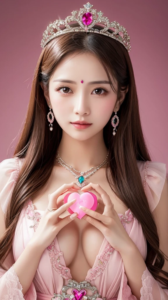 love affair　goddess　30 years old　crown　Pink　Low exposure　Holding a heart-shaped crystal in both hands at chest level　front