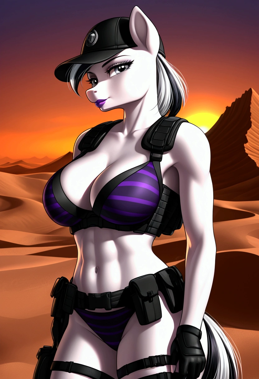 vibrant colors, 8K, high resolution, highly detailed, masterpiece, ((my little pony)), (black striped white hair), (pale white body), (gray eyes) seductive face, woman's tactical gear, standing, ???????????, beautiful body, cap, background daylight desert, purple lips 