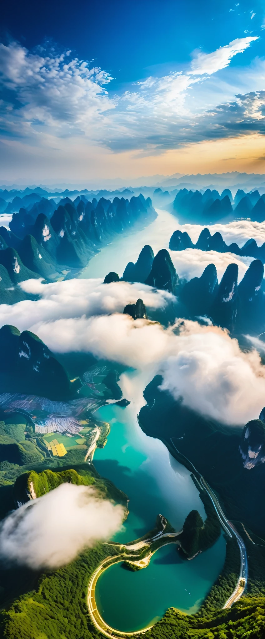 (Highest quality),(masterpiece:1.2),(Very detailed:1.2),Ultra-high resolution,RAW color photos,8K,Vast landscape photography,Realistic photos,Elaborate photos,Skydiving viewpoint,Written boundary depth,Sharp focus,In the clouds,Guilin,Asahi,Beautiful colors,Written boundary depth,Wide Light,Low contrast,Backlight,Sharp focus,Vibrant colors,moving composition