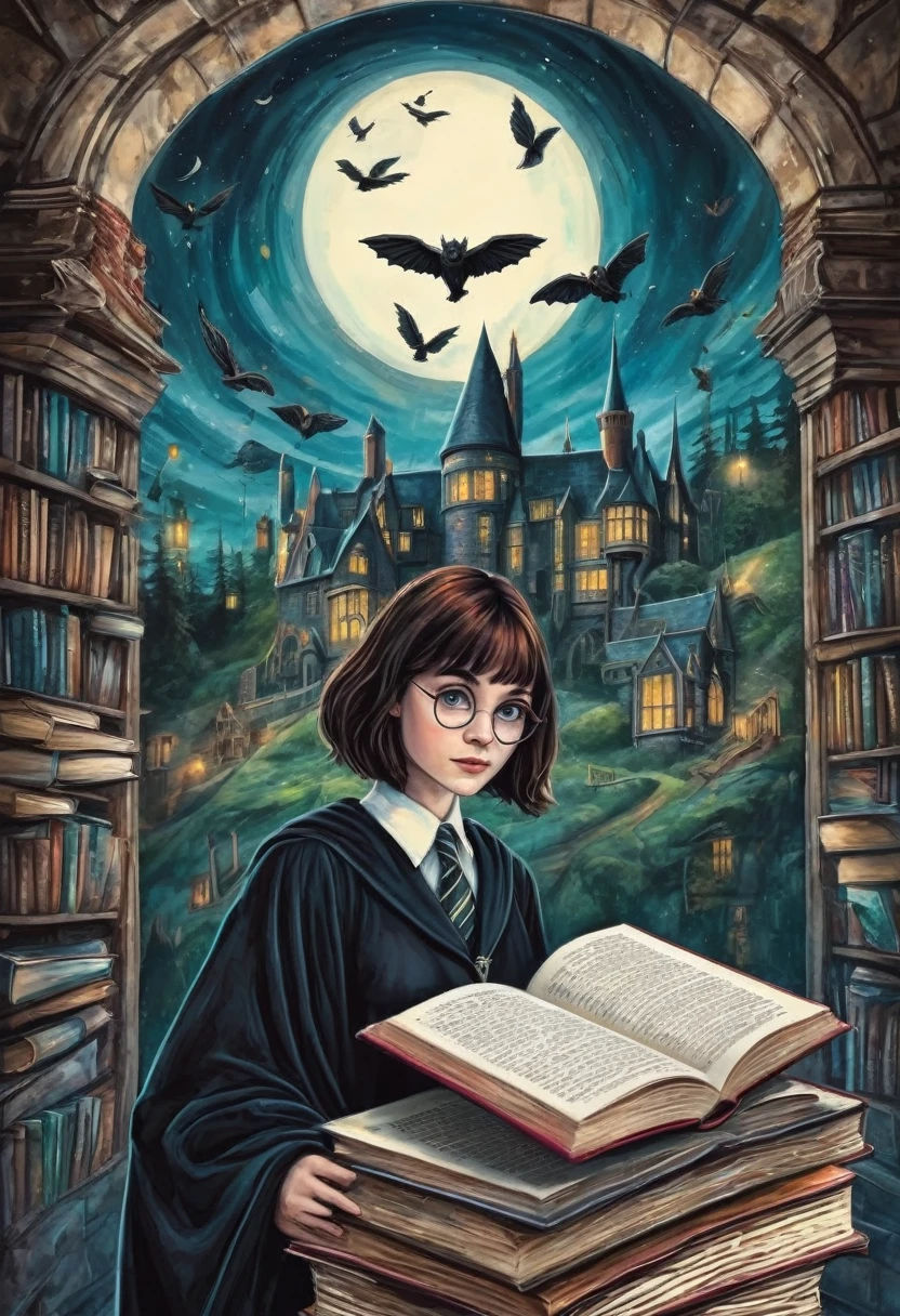 uma gravura surreal em xilogravura abstrata, com o tema "tema filmes, series e livros com referencia a harry potter, anne de greem gables e dark academy"