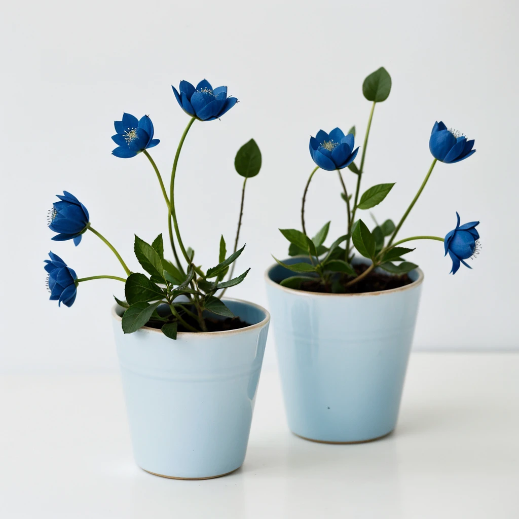 two perfect minimalist blue flowers in a white pot on a white background
