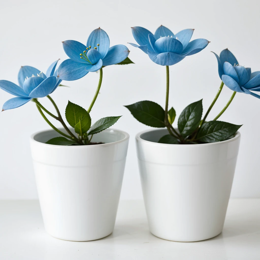 two perfect minimalist blue flowers in a white pot on a white background