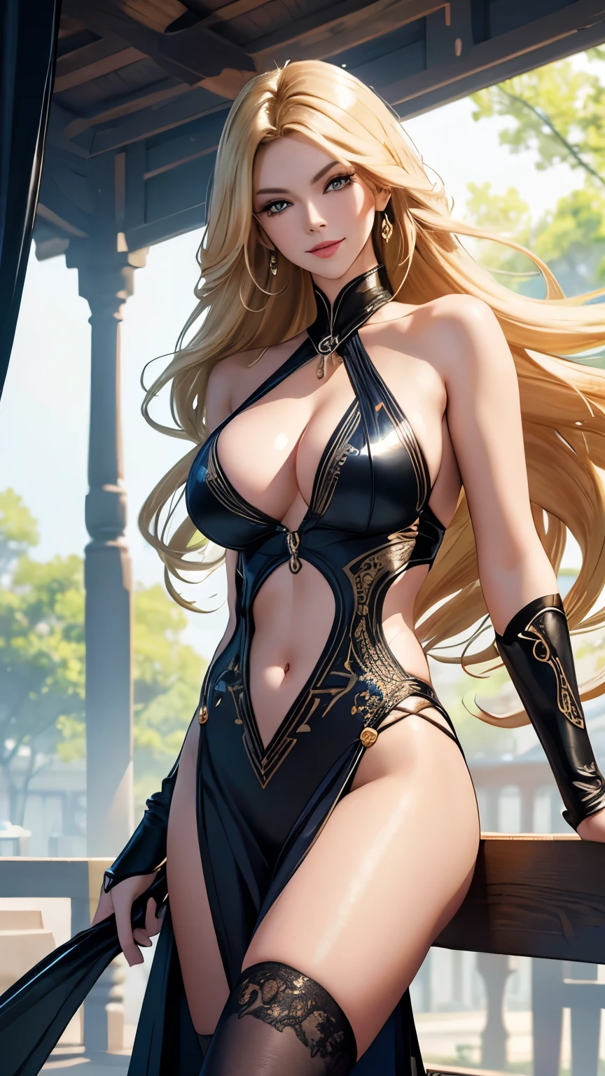 (best quality,ultra-detailed,photo-realistic:1.37),bright and vibrant colors,studio lighting,playful expression,stylish makeup,long blonde hair flowing in the wind,alluring eyes,glossy lips,sexy pose, Bayonetta, shooting range, smiling in a confident and seductive way,posing for a professional photoshoot,shallow depth of field,highlighting the main subject,soft natural lighting,creating a dreamy and magical atmosphere.