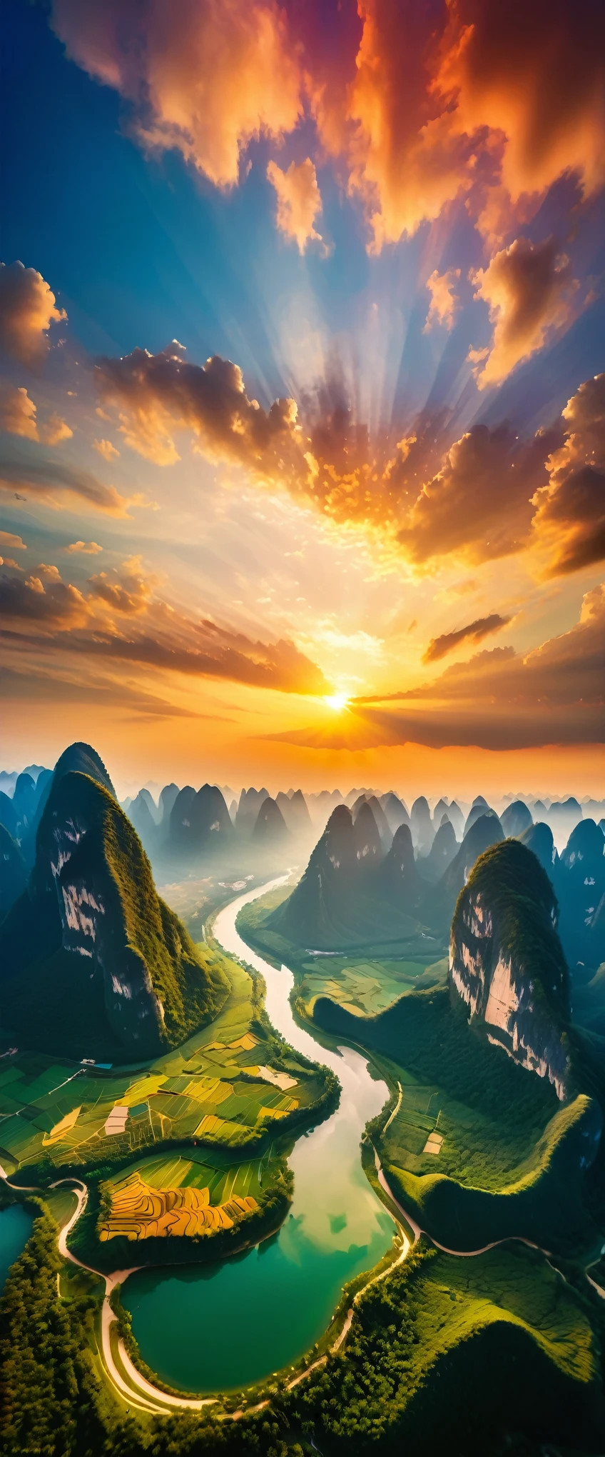 (Highest quality),(masterpiece:1.2),(Very detailed:1.2),Ultra-high resolution,RAW color photos,8K,Vast landscape photography,Realistic photos,Elaborate photos,Skydiving viewpoint,Written boundary depth,Sharp focus,In the clouds,Guilin,Sunset,Beautiful colors,Written boundary depth,Wide Light,Low contrast,Backlight,Sharp focus,Vibrant colors,moving composition