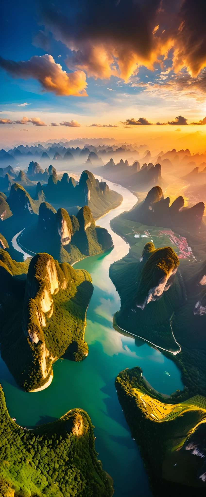 (Highest quality),(masterpiece:1.2),(Very detailed:1.2),Ultra-high resolution,RAW color photos,8K,Vast landscape photography,Realistic photos,Elaborate photos,Skydiving viewpoint,Written boundary depth,Sharp focus,In the clouds,Guilin,Sunset,Beautiful colors,Written boundary depth,Wide Light,Low contrast,Backlight,Sharp focus,Vibrant colors,moving composition