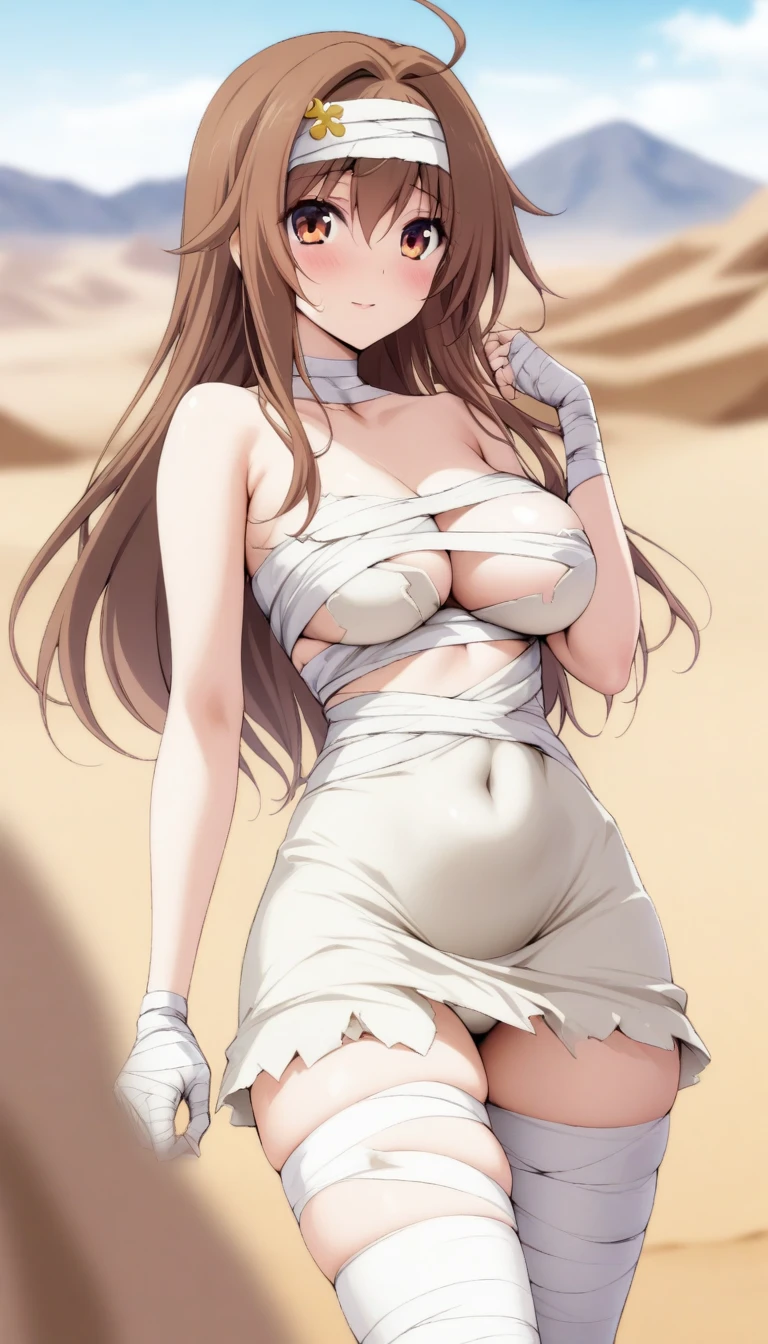masterpiece, best quality, very aesthetic, absurdres, 1girl, mature_lady, Mummy_clothes, bandage_clothes, bandaged_chest, bandaged_fingers, bandaged_hand, bandaged_head, bandaged_neck, bandaged_thighs, bandaged_pants, bandages cover body, ,yuuki_mikan( to_love-ru), to_love-ru, 1girl, orange_eyes,long_hair, brown_hair, hair_ornament,,in desert,blur background,background defocus,covered_navel