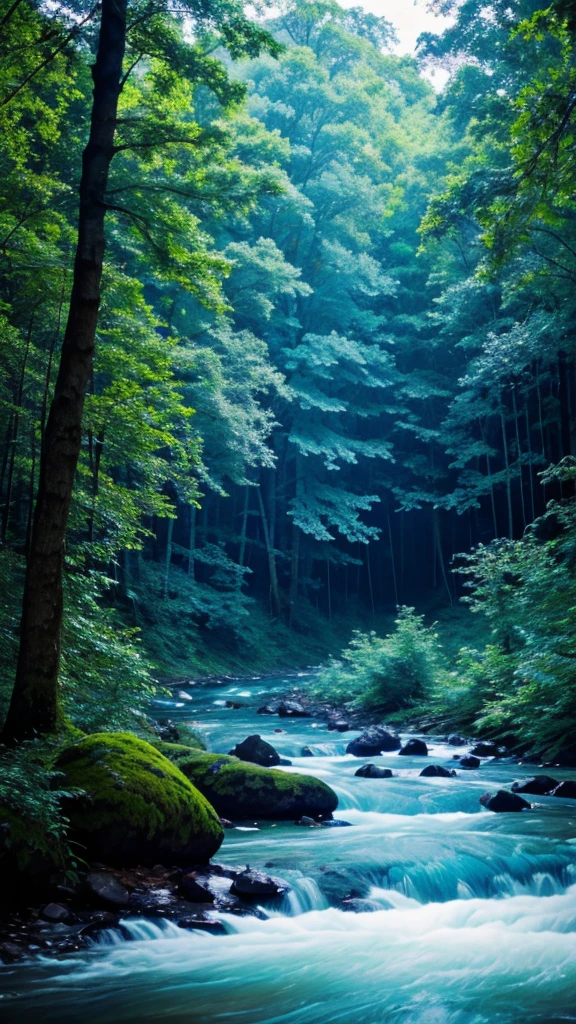 Blue sky and blue river and a forest and light rain