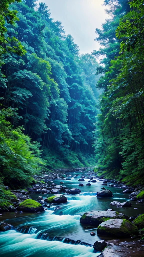 Blue sky and blue river and a forest and light rain