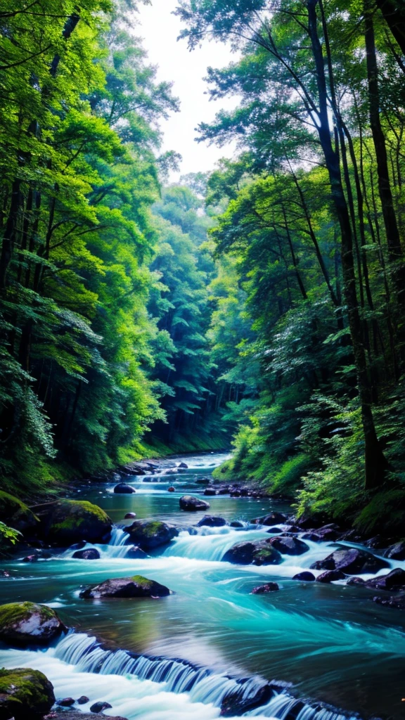 Blue sky and blue river and a forest and light rain