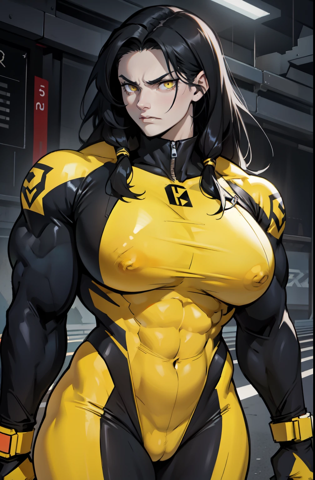 pale skin solo 1 girl black hair yellow eyes angry very long hair dark atmosphere (huge breasts bodybuilder toned body muscular) skinsuit