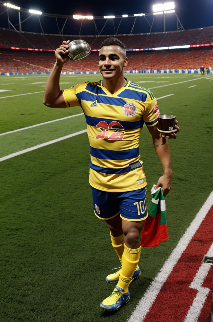 human guinea pig, standing in a football stadium co rl colombia uniform celebrating with the cup in hand.