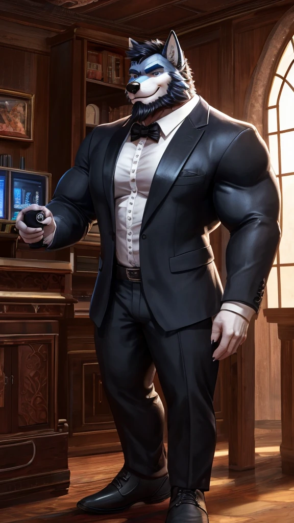 ((best quality)), ((masterpiece)), (Ultra detailed), ((4k)) , Solo , Anthro Wolf , Light Blue Fur , Black Short Hair , Beard , Handsone , Middle Ages , Muscle Big Pecs , Headphone , Tuxedo , Black Jean , Smirk , Stand Alone , Hold Iris Flower