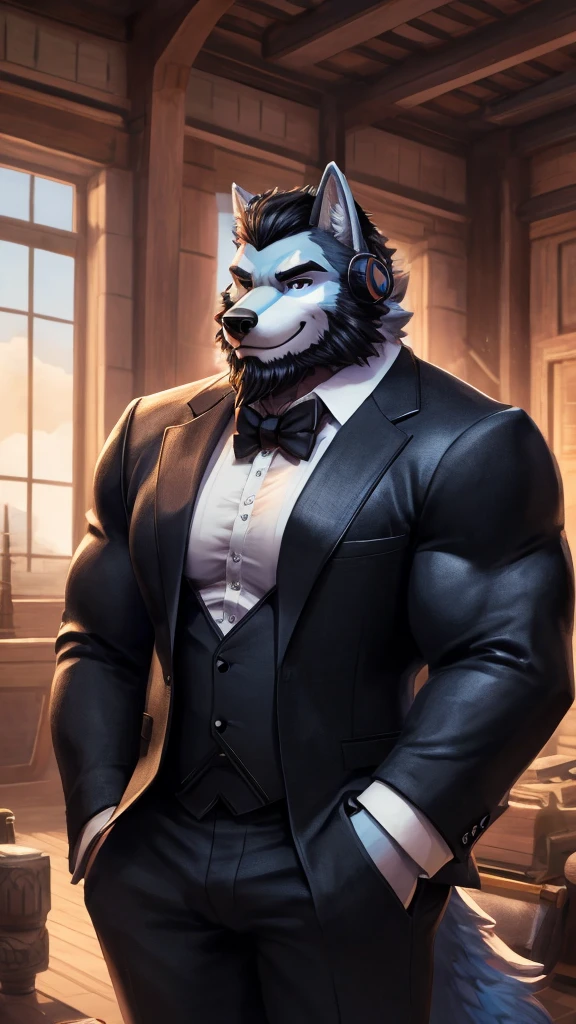 ((best quality)), ((masterpiece)), (Ultra detailed), ((4k)) , Solo , Anthro Wolf , Light Blue Fur , Black Short Hair , Beard , Handsone , Middle Ages , Muscle Big Pecs , Headphone , Tuxedo , Black Jean , Smirk , Stand Alone , Hold Iris Flower