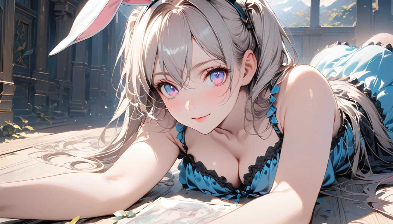 ((masterpiece )), (Highest quality), (Highest quality), ((Super detailed, 8K quality)), 画像Top third1Background, Top third1Background, aesthetics, Volumetric lighting, (Detailed line drawing), break, Very detailed (Fairy), (One girl), Perfect Face, Details, Double Pigtails, 鈍いbangs, (Hair between the eyes), Gray Hair, blue eyes, eyelash, eye shadow, pink eye shadow, A light smile, Design art by Artgerm, by Kawashi, By Yoshitaka Amano, Bunny ears, Lying posture, Lying position, View your viewers, Gray Hair, negligee, The cleavage is visible, Outdoor, puffy, bangs, On the ground, whole body, sunlight, Portraiture, (Graphic Background, (Plain background)), Correct Anatomy, amano yoshitaka, Webbed Tech, A blurry, organic web, eroguronansensu, Nice body, Mid-chest, Very detailed指, The best move, Perfect Face, Beautiful Face, Beautiful Eyes, Perfect Eyes, Perfect Fingers,