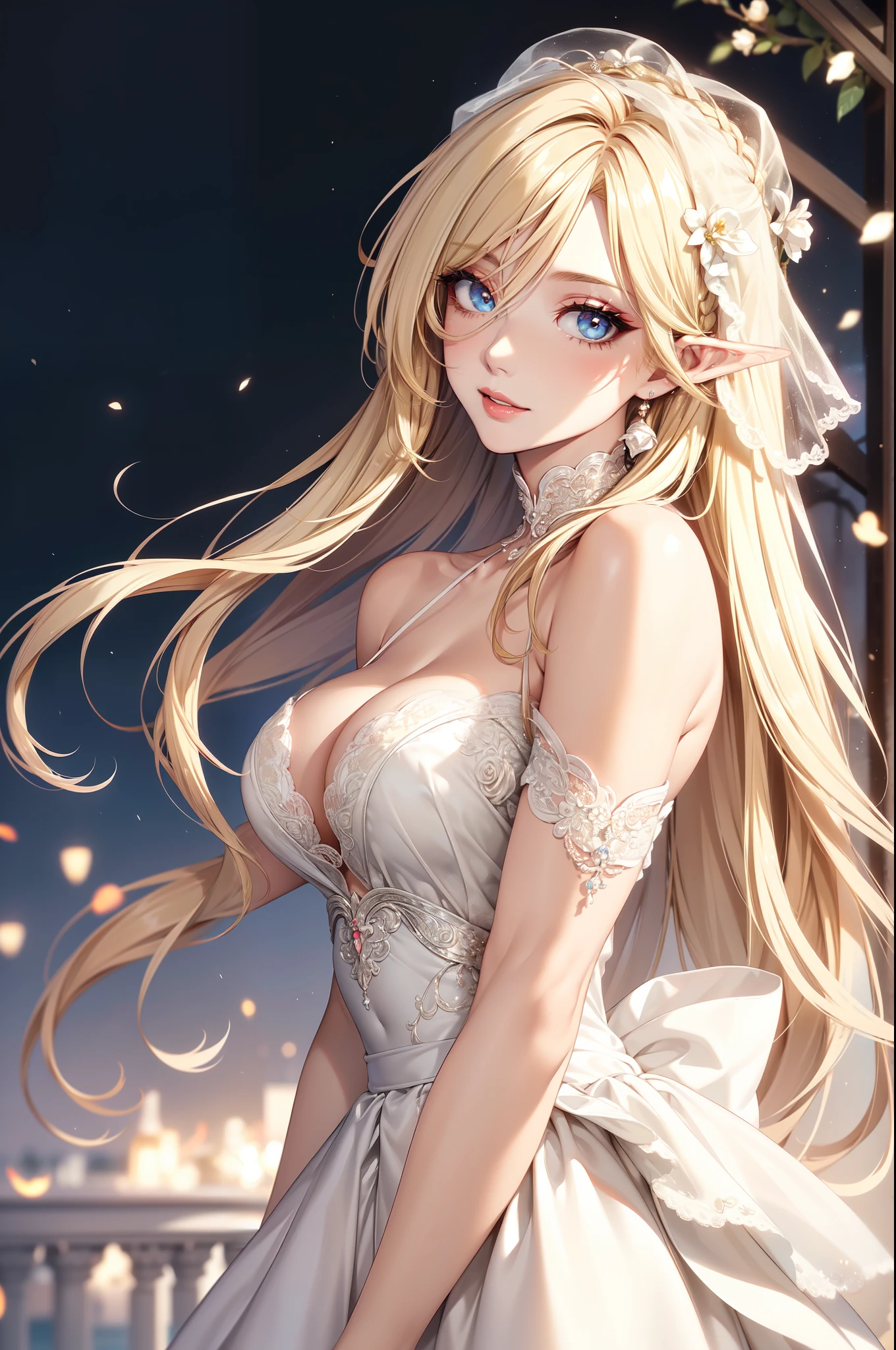 (masterpiece, best quality, beautiful and aesthetic:1.3), A beautiful elf lady, look back, side view, 1 elf girl, (solo:1.3), light smile, (honey blonde hair streaked beige:1.4), (Gradient sliver hair ends:1.6), hair strand, absurdly long hair, single sidelock, wavy hair, shiny hair, floating hair, (sky blue eyes), delicate eyes, aqua eyes, super high detailed eyes, long upper eyelashes, eyes makeup, red lips, Focus on face, Very detailed facial, (Pretty Face:1.3), Perfect medium chest, slim body, porcelain skin, (Delicate skin texture:1.2), (Highly detailed skin:1.2), bridal veil, lace-trimmed dress, see-through, wedding dress, (outdoors), white roses, garden, (morning), detailed background, beautiful background, standing, whole body, extreme detailed, Edge lighting, two color lights, 8K UHD, Bokeh, イーブイの絵, soft light, Volumetric lighting, confess, warm tone