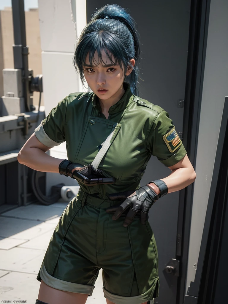30-year-old woman, alone, athletic, blue hair tied in a ponytail, wears green military shorts, wears a green military top, wears dark gloves, has military boots, high resolution, perfect image, very detailed, high contrast, colors digital, simple, medium shot, cinematic, ultra-sharp focus, award-winning photography, perfect contrast, high sharpness, depth of field, ultra-detailed photography. global illumination, fluid, ultra high definition, 8k, Unreal Engine 5, ultra sharp focus, award-winning photography, Art Season Trends,
