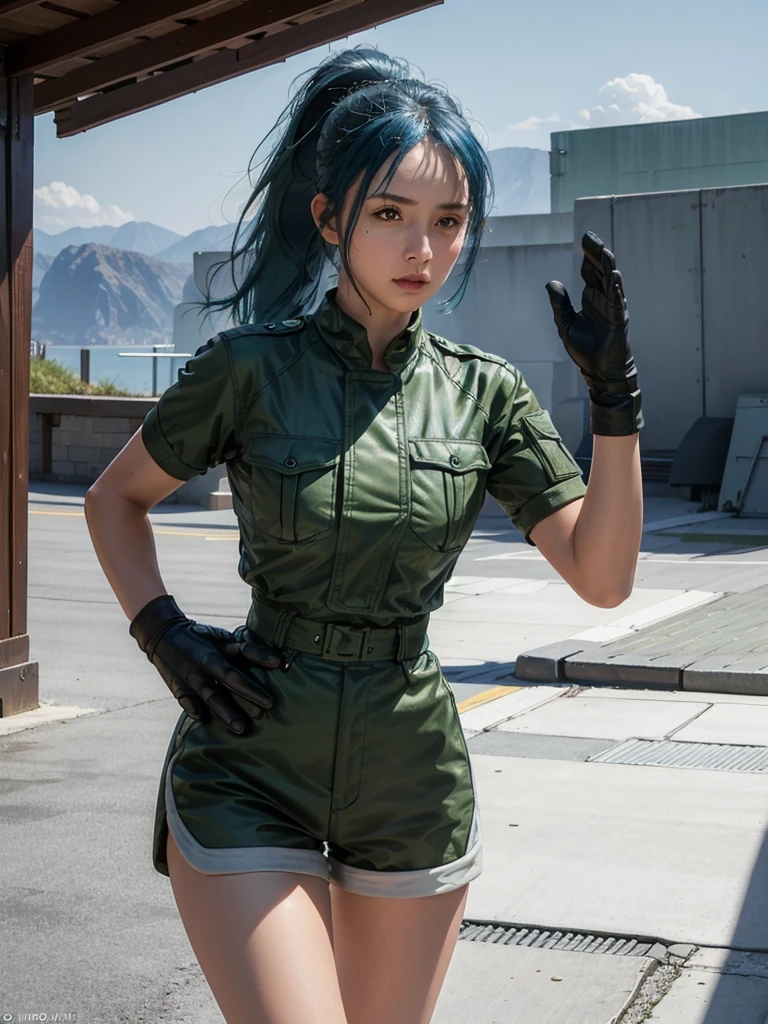 30-year-old woman, alone, athletic, blue hair tied in a ponytail, wears green military shorts, wears a green military top, wears dark gloves, has military boots, high resolution, perfect image, very detailed, high contrast, colors digital, simple, medium shot, cinematic, ultra-sharp focus, award-winning photography, perfect contrast, high sharpness, depth of field, ultra-detailed photography. global illumination, fluid, ultra high definition, 8k, Unreal Engine 5, ultra sharp focus, award-winning photography, Art Season Trends,