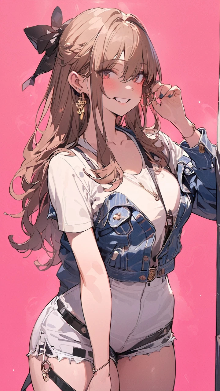 (masterpiece:1.5), highest quality, Super detailed, very detailed, exquisite, 16k, Full HD, very aesthetic, absurdres, anime style, 1girl, high school girl, beautiful, female, super y girl, 18 years old, shoulder-length brown hair, brown hair, joyful smile, trendy casual fashion, denim jacket, white T-shirt, shorts, sneakers, taking, busy street with cafes and boutiques, sunny afternoon, bright sunlight on girl's face, soft shadows, people and bicycles in the background, blue sky and tall buildings in the distance, sharp focus on subject, vivid colors, cheerful and lively atmosphere, warm sunlight feel, in brazil