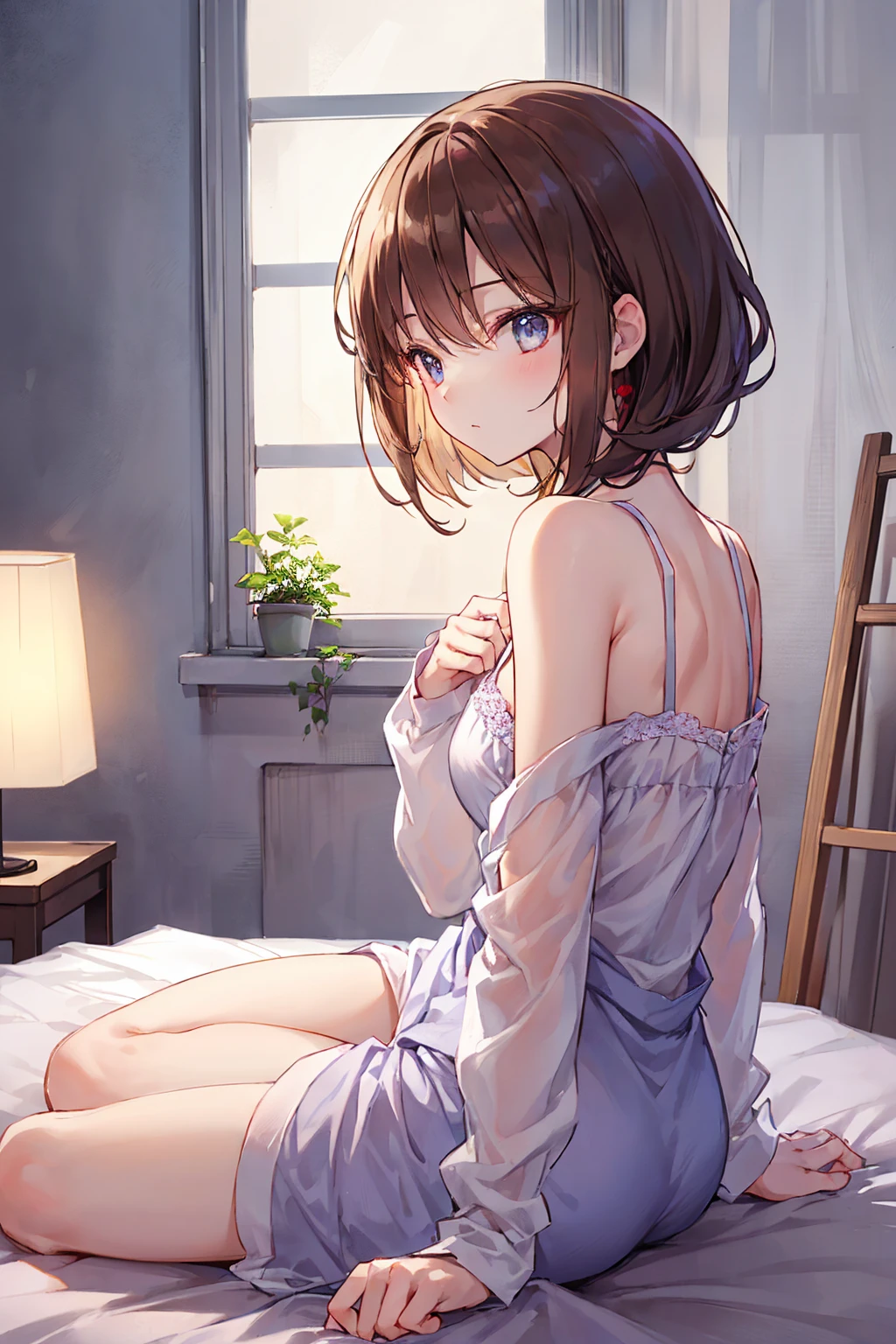 How to sit a girl，Written boundary depth, Delicate eyes, Distinctive nose line，Fine skin、Smooth、Perfect beauty、Small breasts、thin，((Natural style))，Brown Hair、Truly beautiful、Beautiful profile，Perfect Style，((Boyish clothes))，Shortcuts，Western-style room，On the bed，The lighting is dim，My face turned red、((Girly clothes))，