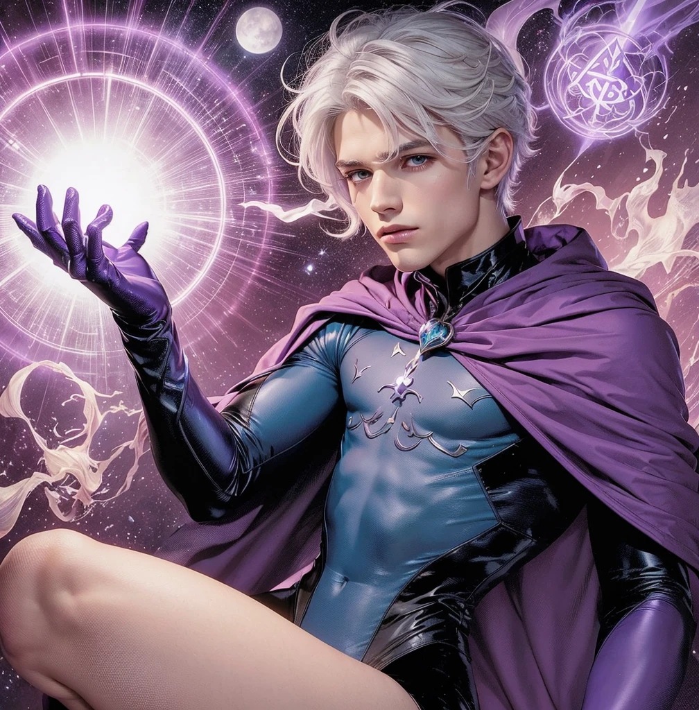 American classic comic book art: beautiful ethereal young boy delicate, intermediate light white hair with beautiful messy, pointy ears, purple-indigo tight bodysuit adorned by mystical symbols, dark gloves, purple long sleeves, purple world of dreams, conjuring magic energy symbols, magenta cape adorned with symbols, sorcerer, white eyes, showing thighs, very young face man, beautiful thighs, classic comic book,