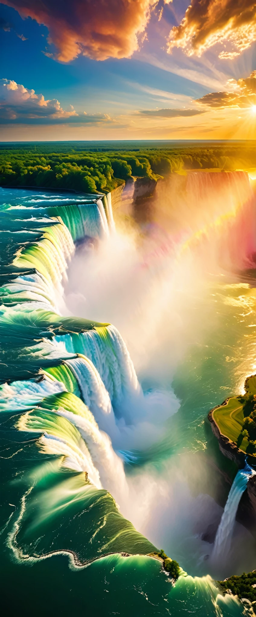 (Highest quality),(masterpiece:1.2),(Very detailed:1.2),Ultra-high resolution,RAW color photos,8K,Vast landscape photography,Realistic photos,Elaborate photos,Skydiving viewpoint,Written boundary depth,Sharp focus,In the clouds,Niagara Falls,Sunset,Beautiful colors,Written boundary depth,Wide Light,Low contrast,Backlight,Sharp focus,Vibrant colors,moving composition