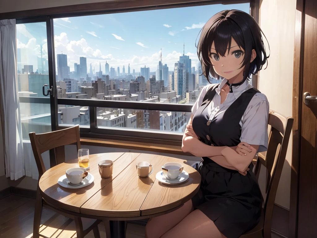 There is a table in the room，A view of the city, Shinkai Makoto&#39;s matte, Pixiv competition winner, Concept Art, Anime Background Art, Shinkai Makoto Studio, beautiful Anime Landscape, Anime Landscape concept art, Anime Landscape, Makoto Shinkai&#39;s style, anime art wallpaper 8 k, Anime Art Wallpaper 4K