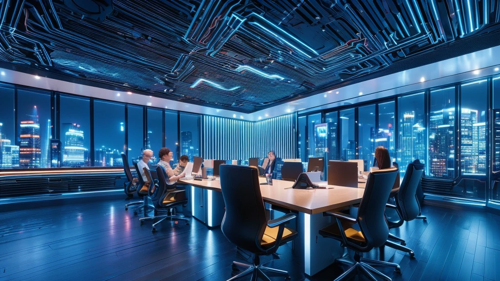 Create a hyper-realistic 8K image of a modern office setting where a diverse team of professionals are gathered around a digital display showing complex data visualizations, graphs, and charts, symbolizing collaborative data-driven decision-making.