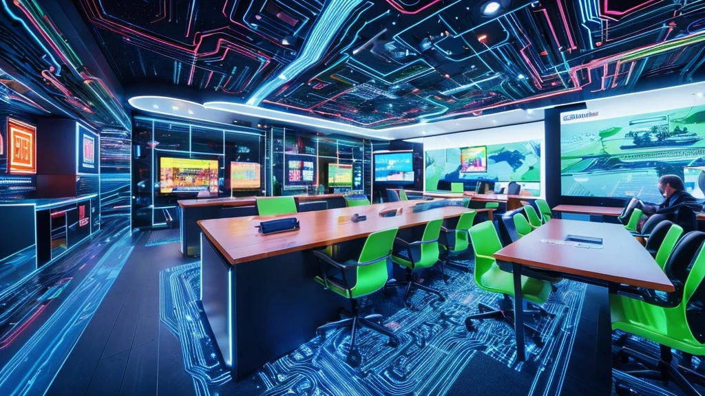 Create a hyper-realistic 8K image of a modern office setting where a diverse team of professionals are gathered around a digital display showing complex data visualizations, graphs, and charts, symbolizing collaborative data-driven decision-making.