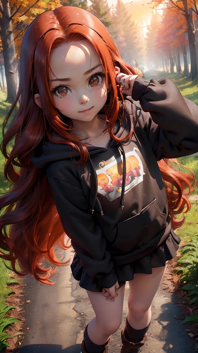 Young girl, (8 years old), (little body, small height), (petite girl: 1.35), (adorable face), (big forehead: 1.2), she has a long flowing hair, (red hair: 1.5), (long hair: 1.35), asian features, (brown eyes: 1.5), bright eyes, brown light eyes, (white skin: 1.35), beautiful detailed eyes, cute young girl, (flat chest: 1.35), (((wearing black skirt, a baggy black hoddie and Over-the-knee socks))), high quality clothes, high resolution, (detailed clothes), (loose hoddie: 1.35), (autumn forest, sunset, warm light background))), cute, daring girl, (detailed background), (full detailed 8k), (perfectly detailed face), (enhance anatomy), vfx, highres, sharp, focus, (photorealistic artwork: 1.35), (extremely detailed CG unity 8k wallpaper), (((vibrant colors, vibrant theme))), (dynamic pose: 1.5), cool vibes, fashion girl, happy, flirting expression, coquette, (playful attitude), smiling, happy, adorable small girl, joyful girl
