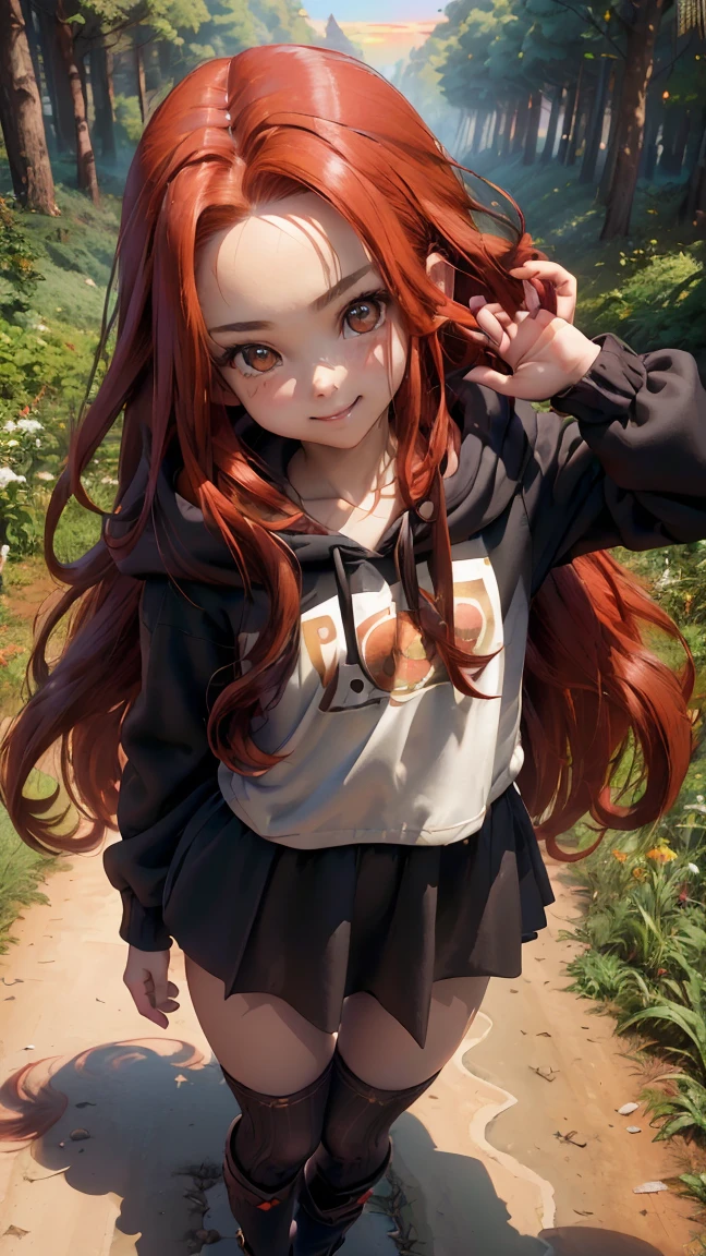 Young girl, (8 years old), (little body, small height), (petite girl: 1.35), (adorable face), (big forehead: 1.2), she has a long flowing hair, (red hair: 1.5), (long hair: 1.35), asian features, (brown eyes: 1.5), bright eyes, brown light eyes, (white skin: 1.35), beautiful detailed eyes, cute young girl, (flat chest: 1.35), (((wearing black skirt, a baggy black hoddie and Over-the-knee socks))), high quality clothes, high resolution, (detailed clothes), (loose hoddie: 1.35), (autumn forest, sunset, warm light background))), cute, daring girl, (detailed background), (full detailed 8k), (perfectly detailed face), (enhance anatomy), vfx, highres, sharp, focus, (photorealistic artwork: 1.35), (extremely detailed CG unity 8k wallpaper), (((vibrant colors, vibrant theme))), (dynamic pose: 1.5), cool vibes, fashion girl, happy, flirting expression, coquette, (playful attitude), smiling, happy, adorable small girl, joyful girl