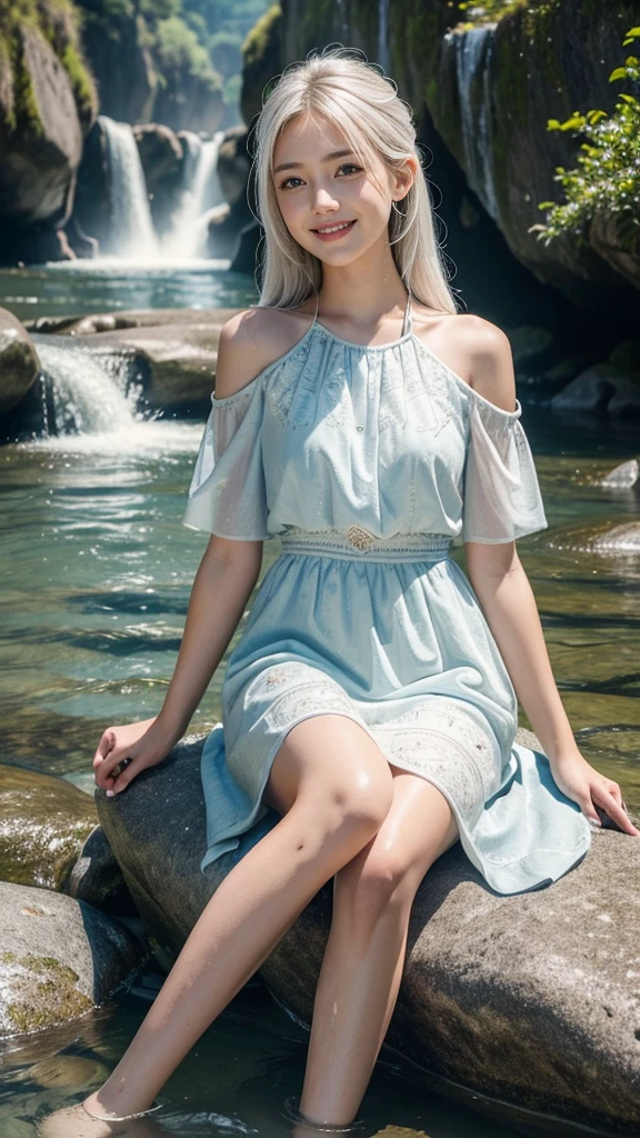 (best quality,ultra-detailed,realistic:1.37),portraits,beautiful young girl,youthful female model,riverbank and rocks or temple or bridge,Sweet girl clothes4, Libra dress,jewelry,sitting under a waterfall,sitting posture,sitting on a rock,drenched all over,masterpiece,extremely detailed description,super fine painting,detailed face,slim figure,white hair,long legs,playing in the water,smiling,bright smile