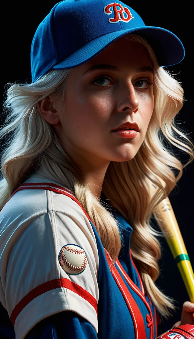 Hyperrealist portrait of female baseball player by david hockney and alphonse mucha,fantasy art, photo realistic, dynamic lighting, artstation, poster, volumetric lighting, very detailed faces, 4 k, award winning,, 1girl, in the dark, deep shadow, low key,cowboy shot,(official clothing:1.4), basball helmet ,long hair,white hair,