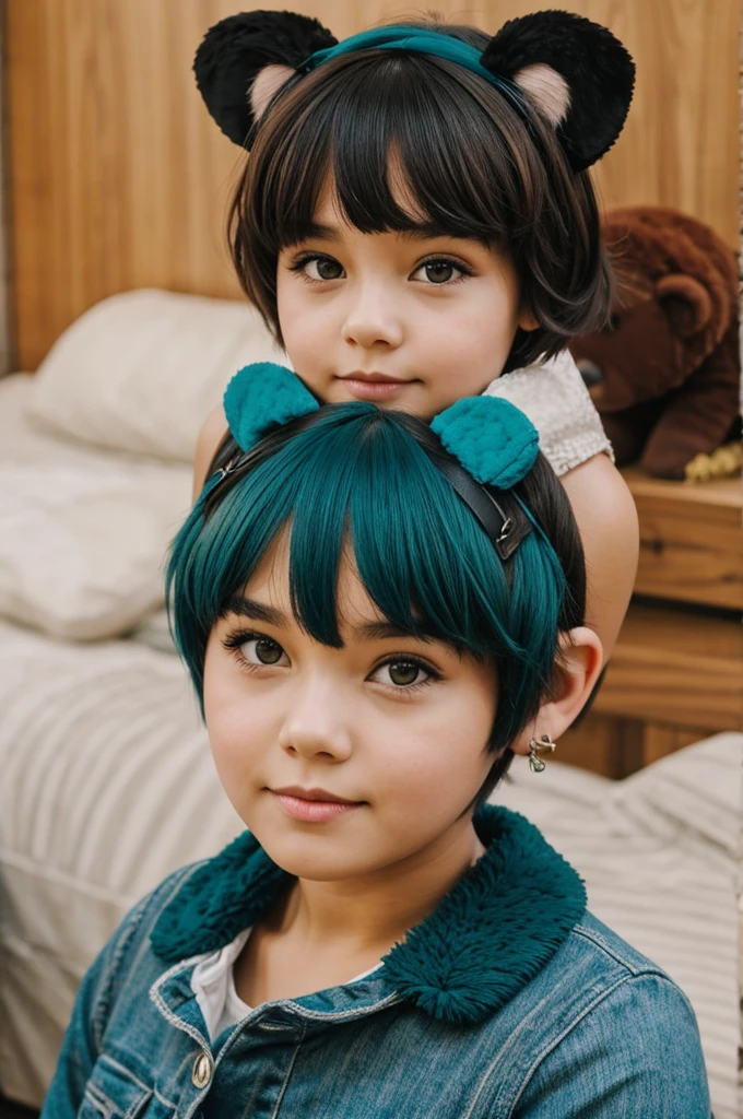 A girl with short teal hair and bear ears.