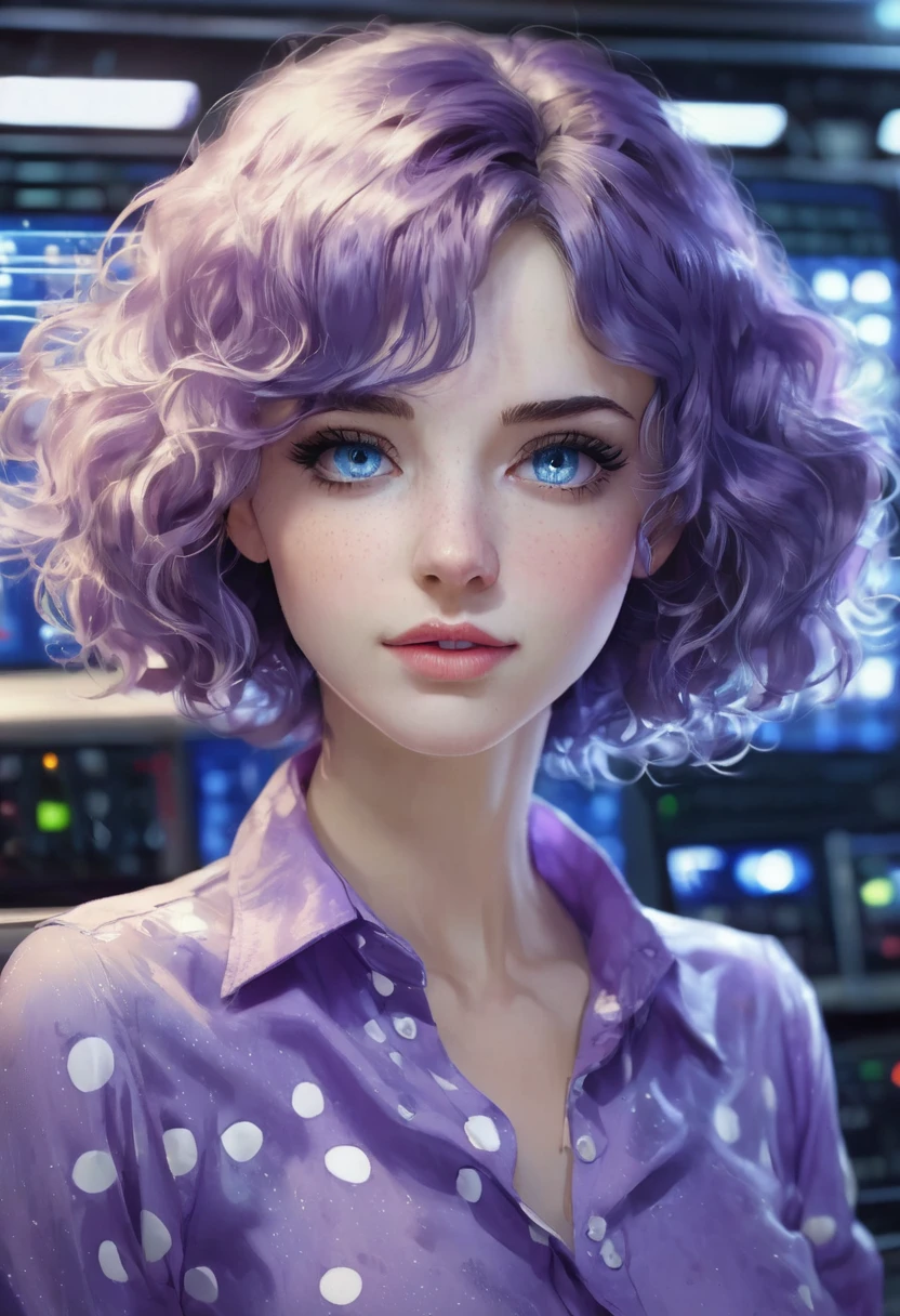 1 woman, in front of a control panel, wearing a purple blouse with white polka dots, detailed facial features, detailed female blue eyes, detailed white skin, long bob messy and curly blue hair, strong lighting, envious expression on the face, cinematic composition cold, atmospheric fog, beautiful face, thin chin, beautiful woman, feminine and beautiful, 18 years old (best quality, 4K, 8K, high resolution, art: 1.2), ultra-detailed, (realistic, photorealistic, photorealistic: 1.37)