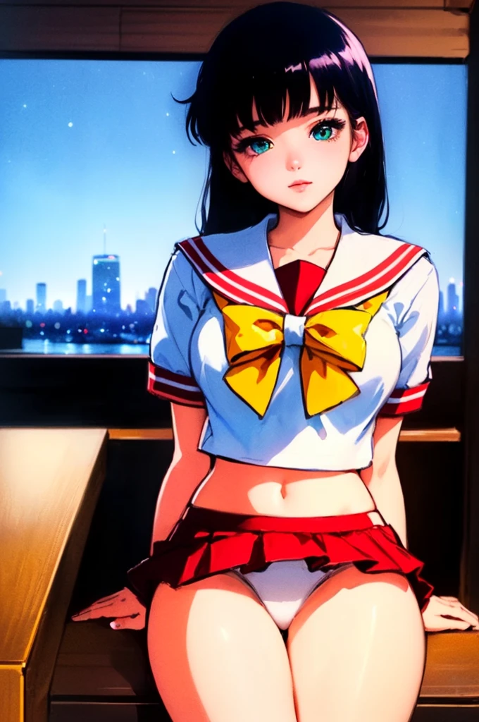 ((best quality)), ((masterpiece)), (detailed), 1girl, sexyhighest quality, masterpiece, Very detailed, Detailed Background, One girl, Young girl, Sexy Girls, Long black hair girl, Atmospheric lighting, Focus Only, close Depth of written boundary, Bokeh City Pop Beautiful Eyes B90,W60,H90 White Skin Pink lighting Light pink clothes pixel, Cool colors, green,Shinjuku at night in the background, Skyscraper, Skyline, Modern, Colorful lights, dark, A girl in the foreground, whole body,greenい瞳 I'm wearing headphones Cleavage No text needed