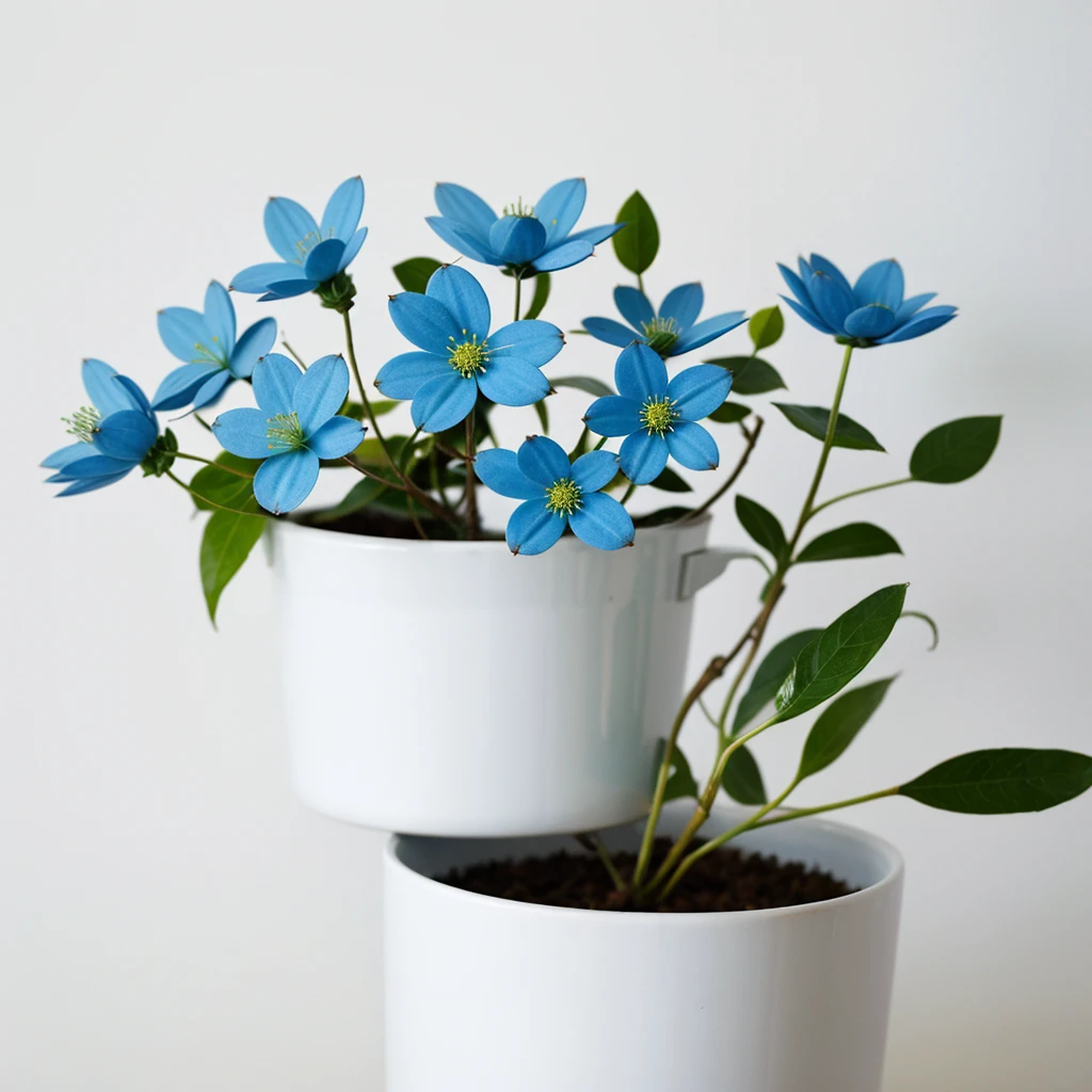 one perfect minimalist one blue flowers in a white pot on a white background