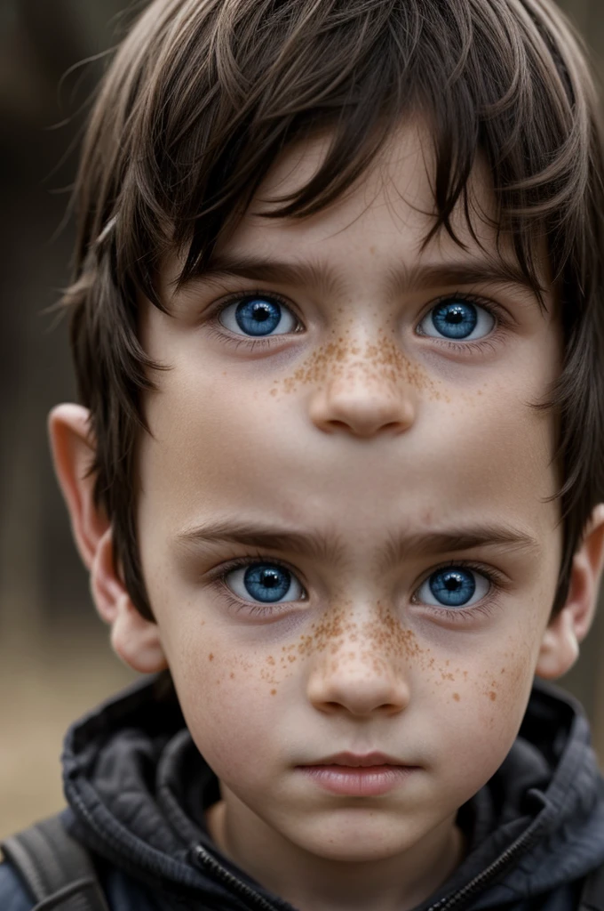 A boy, dark brown hair, long to the ears, careless, eyes of different colors, the left one is blue and the right one is yellow, pale skin and freckles on the nose, small nose, thin lips and big eyes, saw what you can find in the apocalypse 