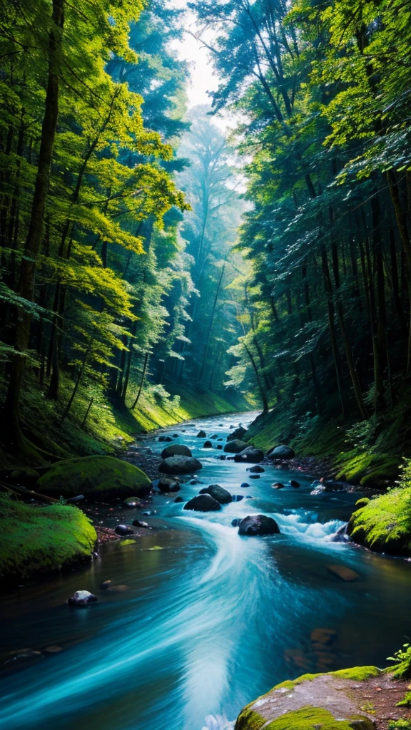 Blue sky and blue river and a forest and light rain