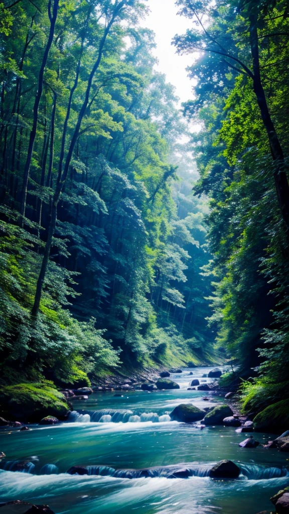 Blue sky and blue river and a forest and light rain