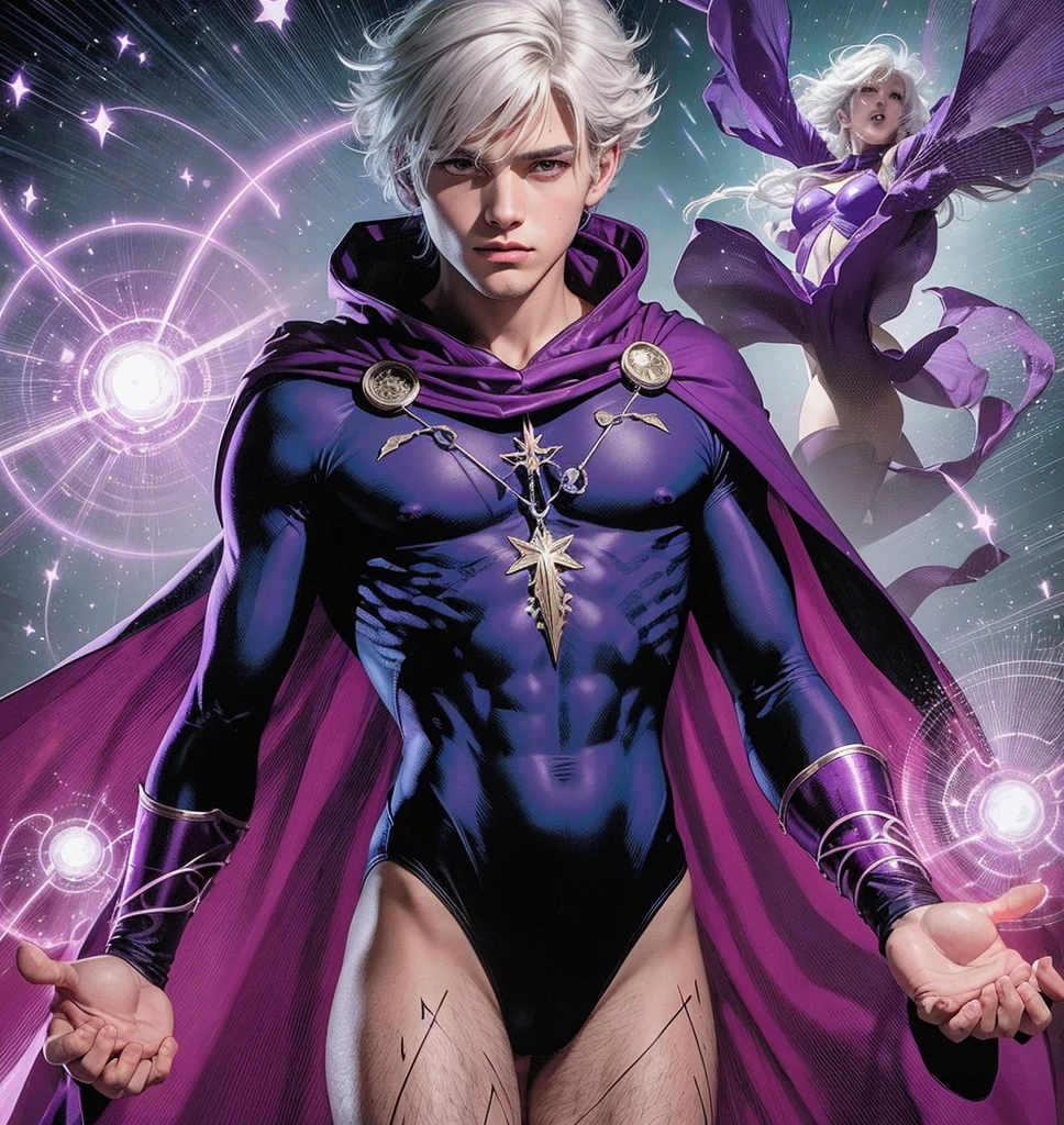American classic comic book art: beautiful ethereal young boy delicate, intermediate light white hair with beautiful messy, pointy ears, purple-indigo tight bodysuit adorned by mystical symbols, dark gloves, purple long sleeves, purple world of dreams, conjuring magic energy symbols, magenta cape adorned with symbols, sorcerer, white eyes, showing thighs, very young face man, beautiful thighs, classic comic book,